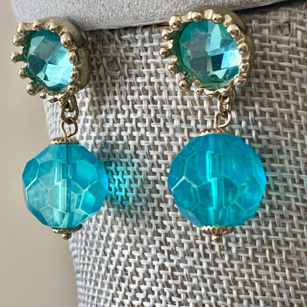 Small Bauble Gold Tone With Aqua Blue Faceted Faux Crystal Earrings